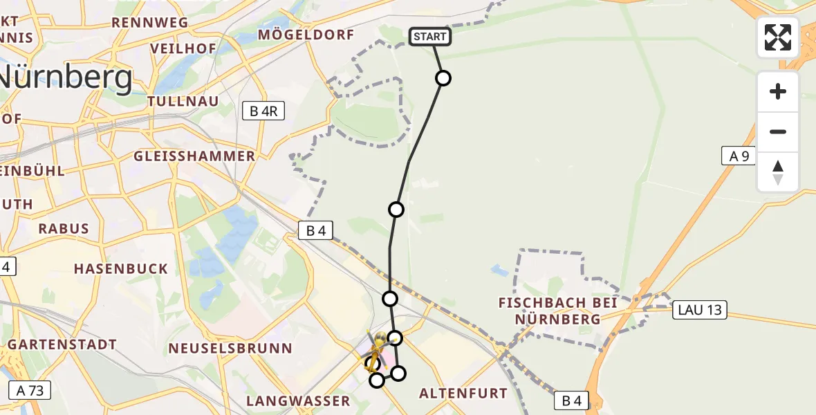 Flugroute Ambulanzhubschrauber Nürnberg - Nürnberg South Hospital, 27 Mai 2026, 10:59