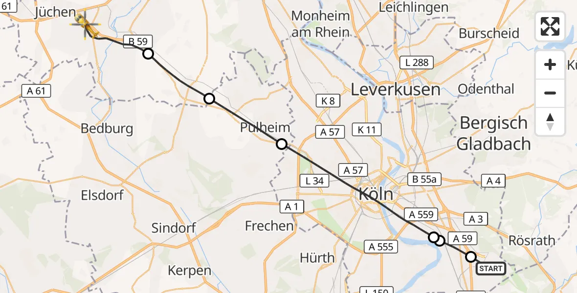 Flugroute Rettungshubschrauber Köln Bonn Flughafen - Grevenbroich, 27 Mai 2026, 10:59