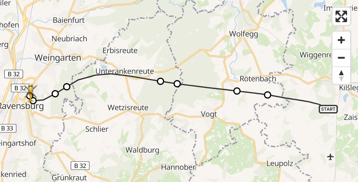 Flugroute Rettungshubschrauber Kißlegg - Sankt Elisabeth Hospital, 27 Mai 2026, 11:02