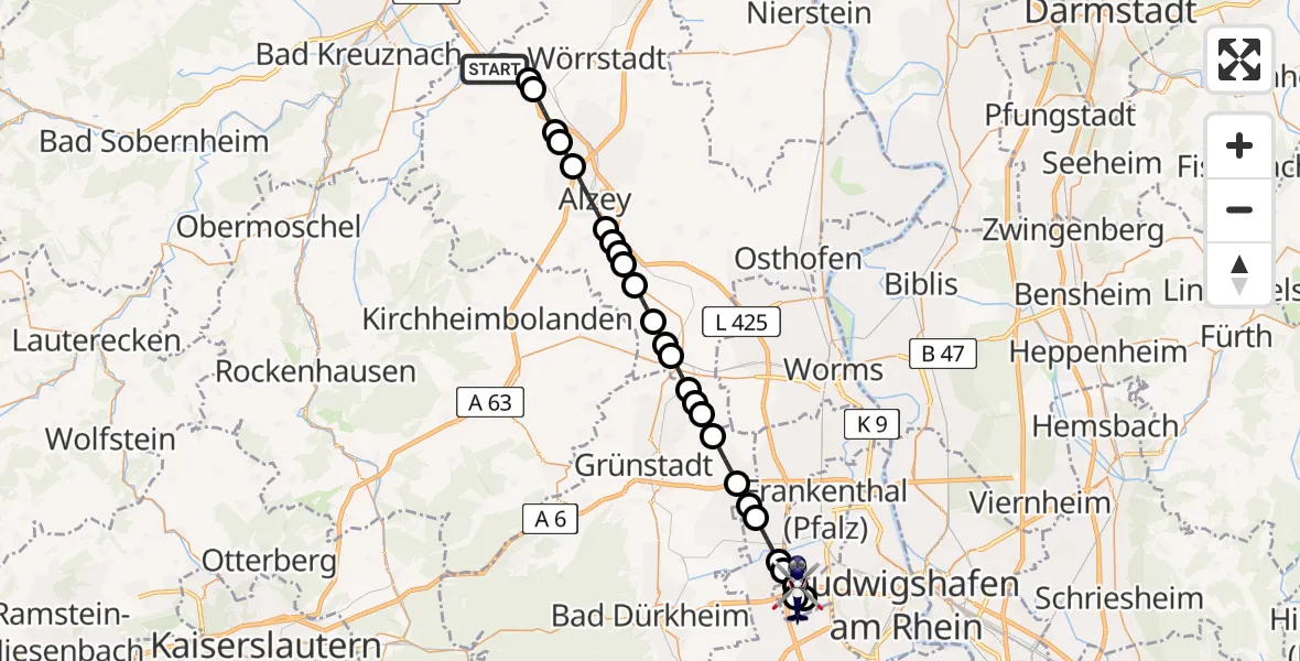 Flugroute Polizeihubschrauber Gau-Bickelheim - Autobahnpolizei Ruchheim Hubschrauberlandeplatz, 27 Mai 2026, 11:04