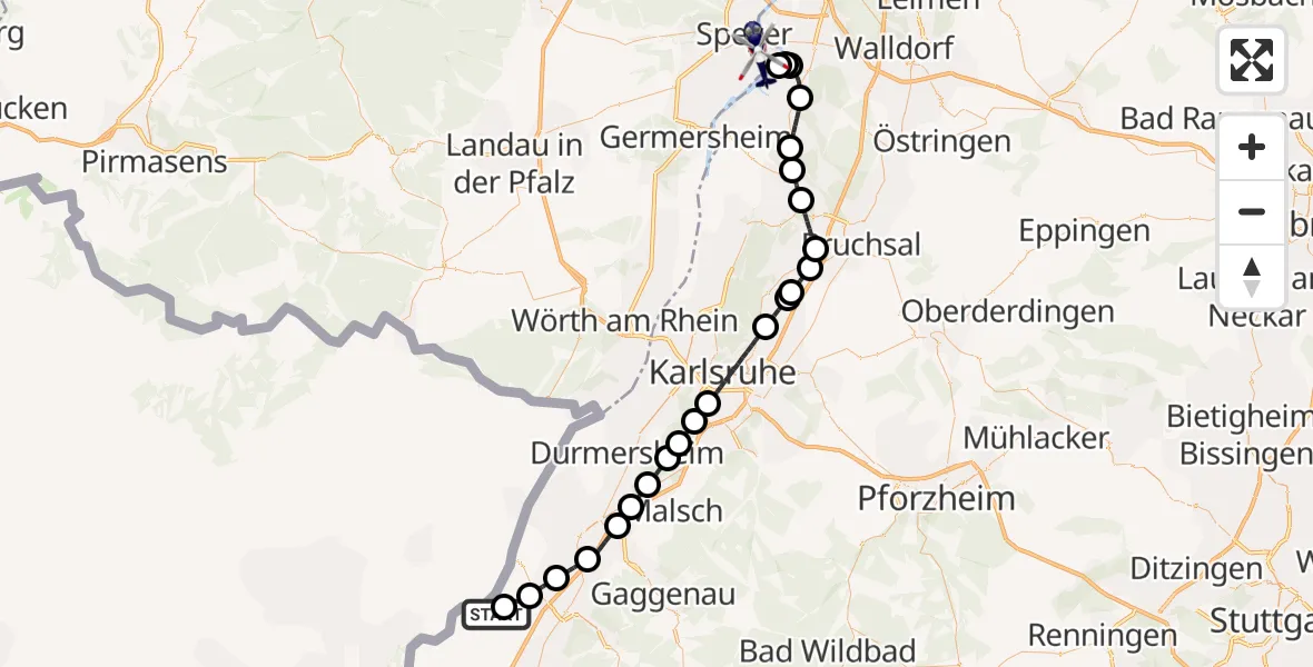 Flugroute Polizeihubschrauber Karlsruhe Baden-Baden Flughafen - Speyer, 27 Mai 2026, 11:05