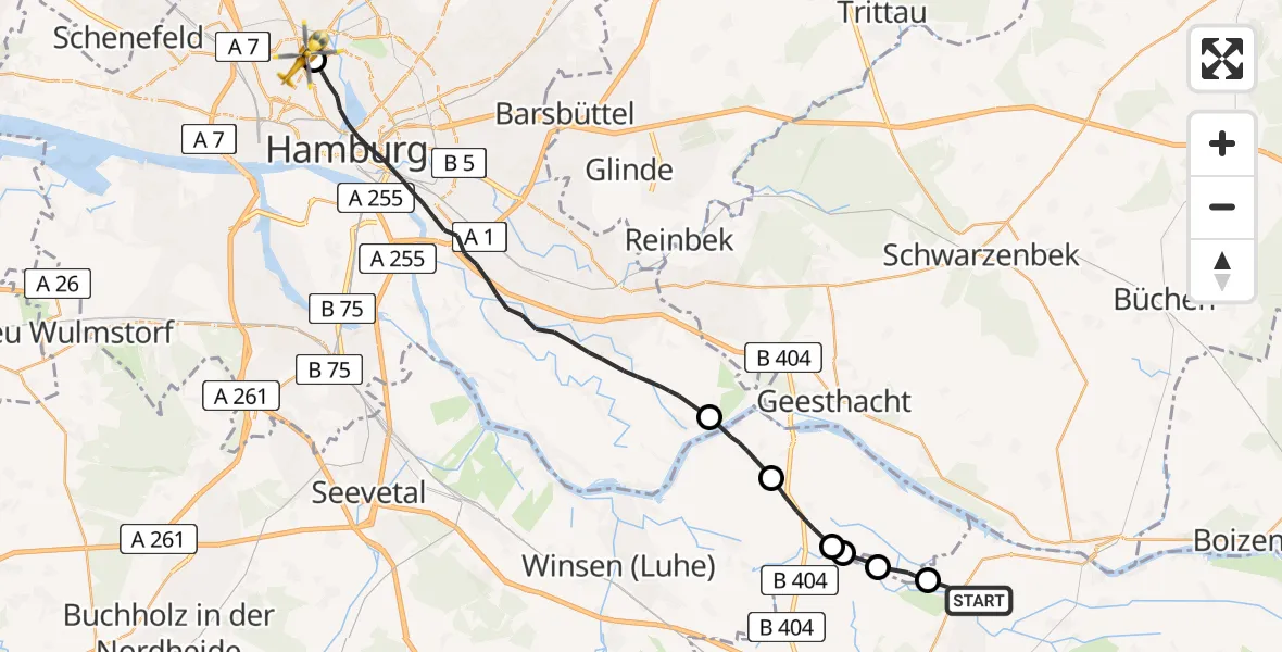 Flugroute Rettungshubschrauber Brietlingen - Universitätsklinikum Hamburg-Eppendorf Hubschrauberlandeplatz, 27 Mai 2026, 11:06