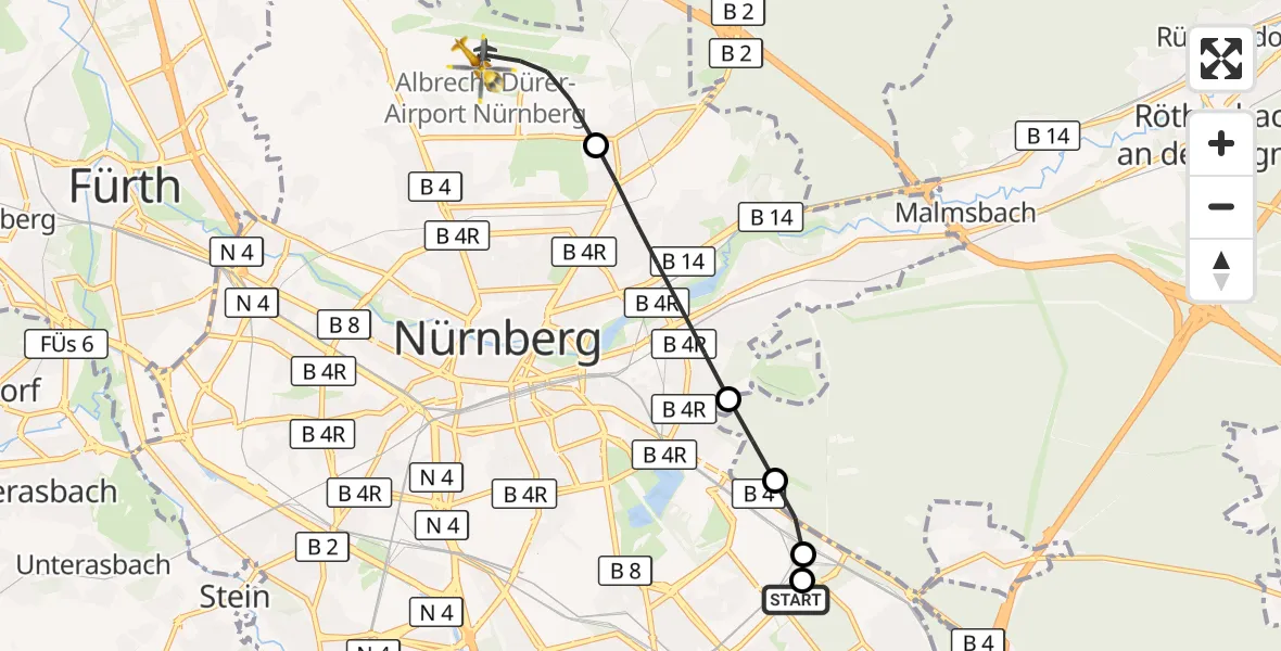 Flugroute Ambulanzhubschrauber Nürnberg South Hospital - Flughafen Nuremberg, 27 Mai 2026, 11:08