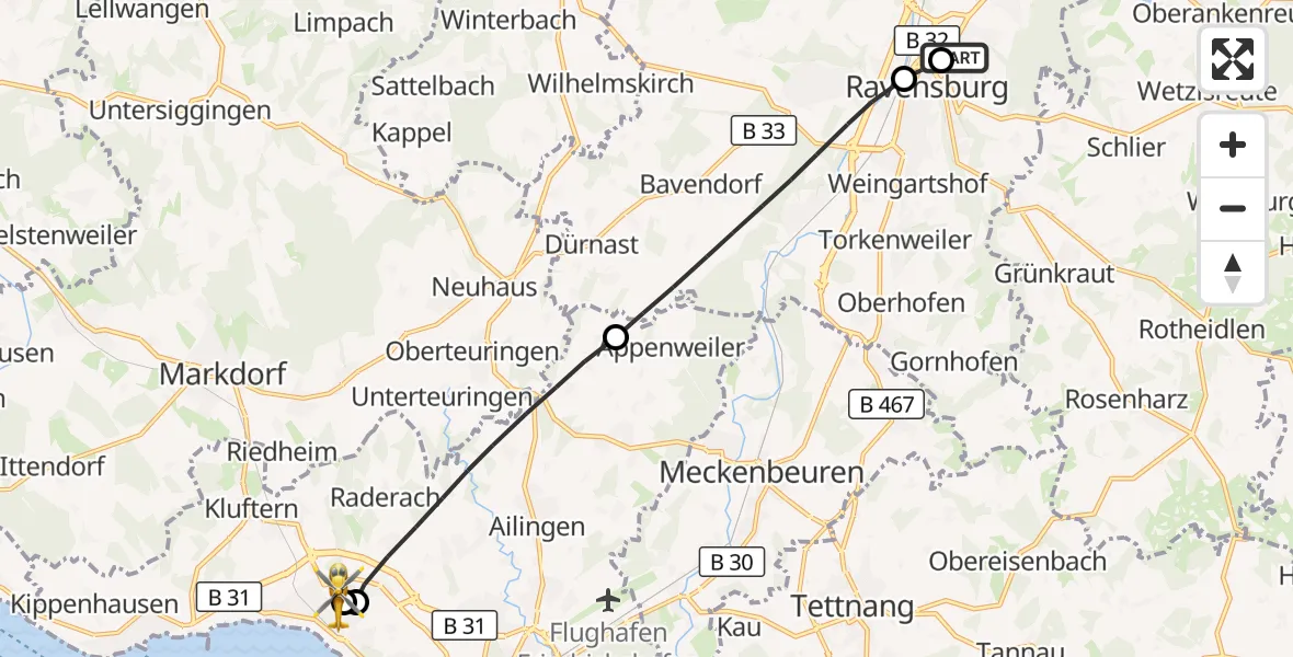 Flugroute Rettungshubschrauber Sankt Elisabeth Hospital - Friedrichshafen Hospital, 27 Mai 2026, 11:15