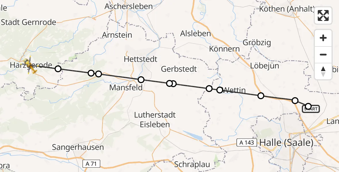 Flugroute Rettungshubschrauber Halle-Oppin Flugplatz - Harzgerode, 27 Mai 2026, 11:18