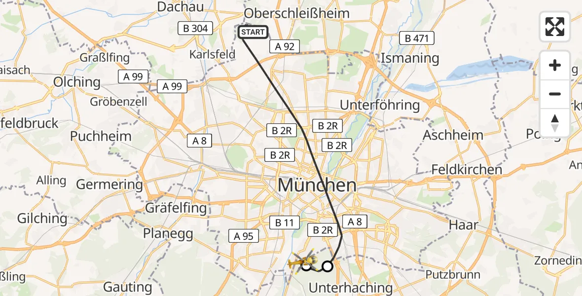 Flugroute Rettungshubschrauber München - ADAC Air Rescue Center Hubschrauberlandeplatz (Christoph 1), 27 Mai 2026, 11:21