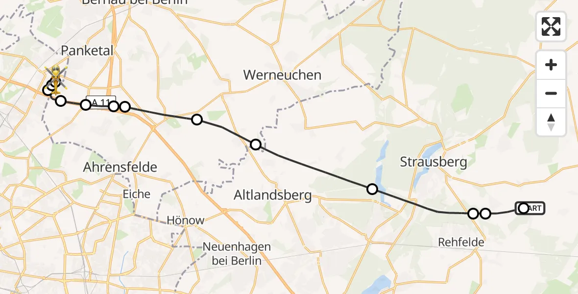 Flugroute Rettungshubschrauber Garzau-Garzin - Helios Clinic Berlin-Buch, 27 Mai 2026, 11:22