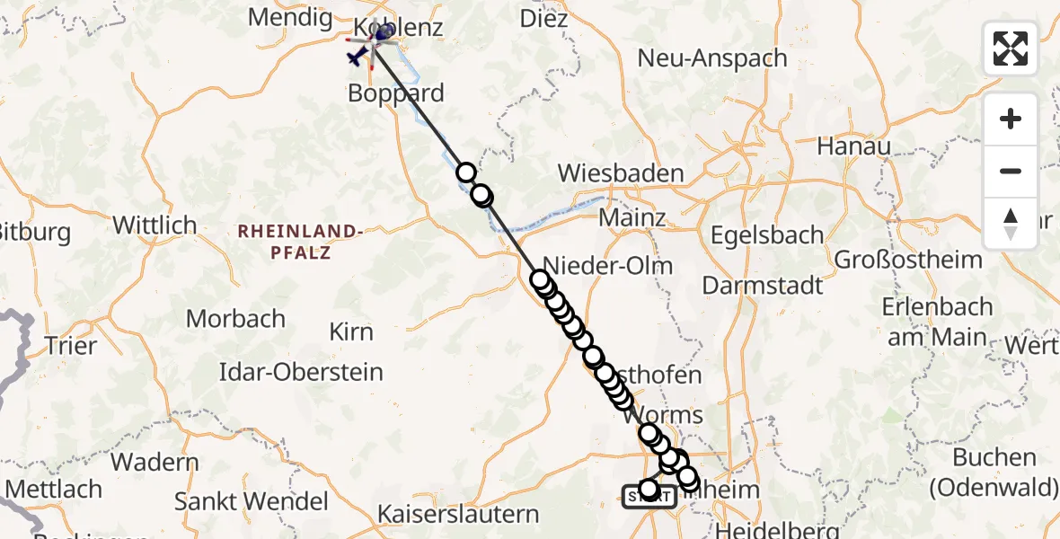 Flugroute Polizeihubschrauber Autobahnpolizei Ruchheim Hubschrauberlandeplatz - Winningen, 27 Mai 2026, 11:23