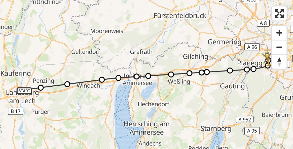Flugroute Rettungshubschrauber Landsberg am Lech - DRF Air Rescue München Hubschrauberlandeplatz, 27 Mai 2026, 11:25