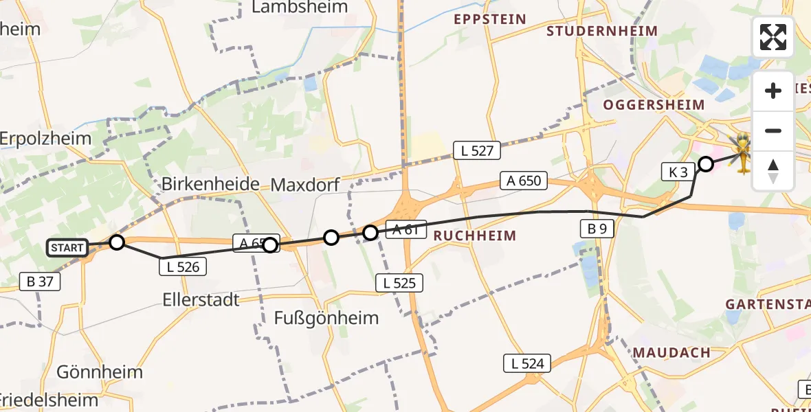 Flugroute Rettungshubschrauber Bad Dürkheim - Ludwigshafen Accident Hospital Hubschrauberlandeplatz, 27 Mai 2026, 11:27