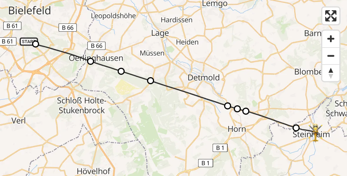 Flugroute Rettungshubschrauber Luftrettungszentrum Bielefeld - Steinheim, 27 Mai 2026, 11:29