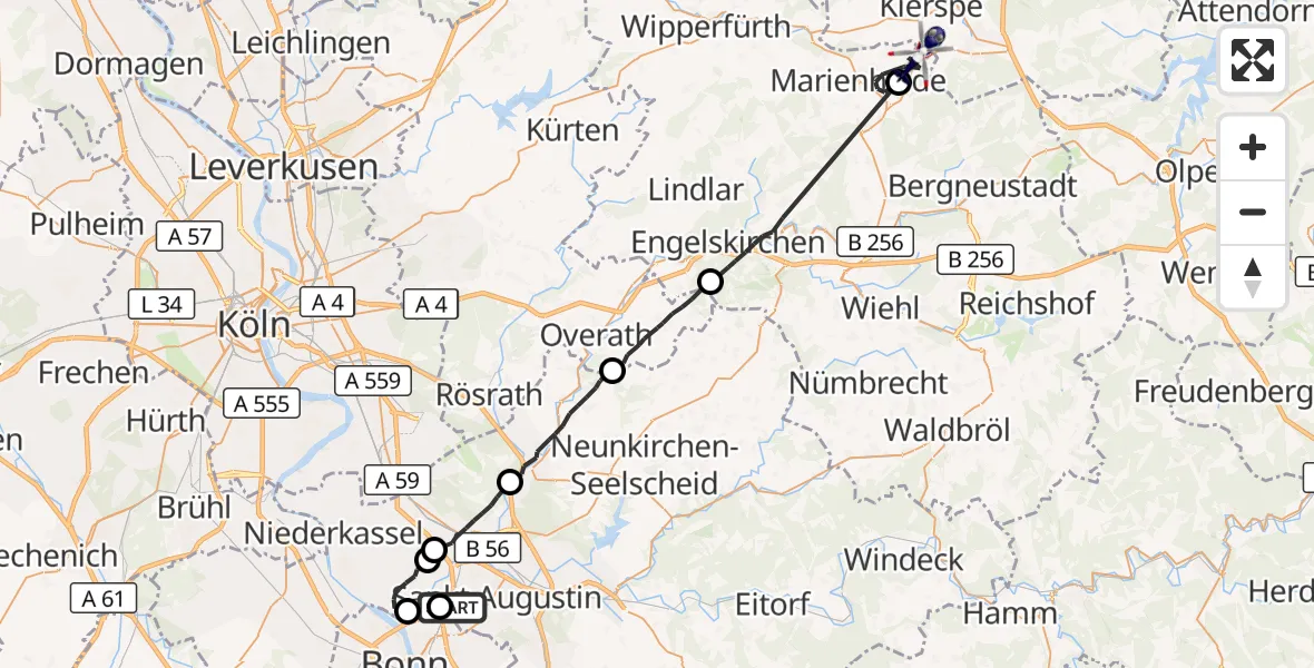 Flugroute Polizeihubschrauber Sankt Augustin - Marienheide, 27 Mai 2026, 11:32