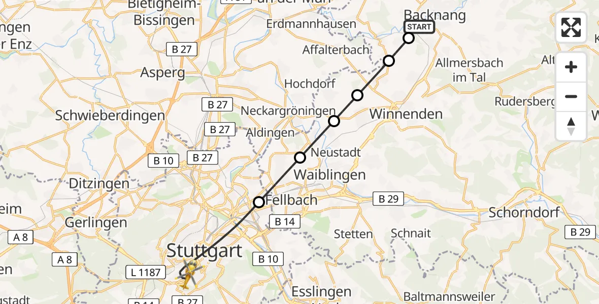 Flugroute Ambulanzhubschrauber Backnang - Stuttgart, 27 Mai 2026, 11:32