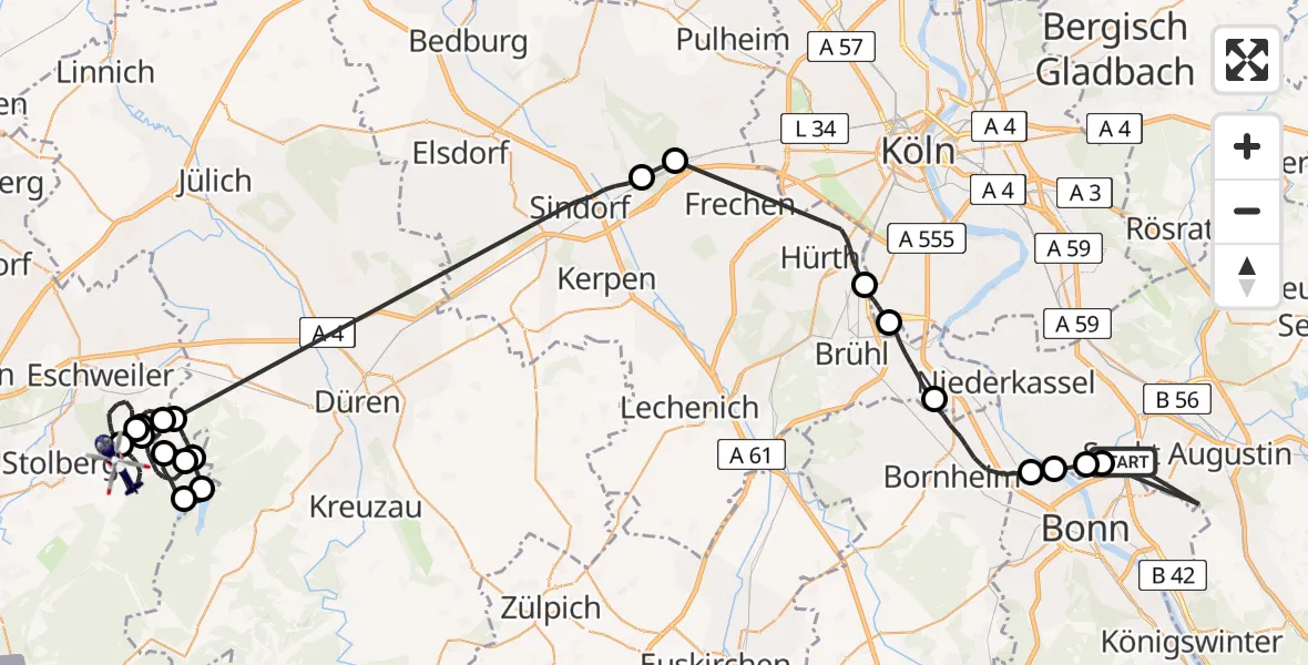 Flugroute Polizeihubschrauber Sankt Augustin - Stolberg-Diepenlinchen Flugplatz, 27 Mai 2026, 11:36