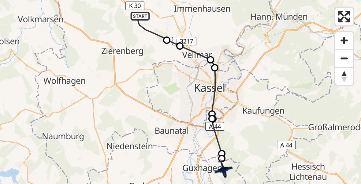 Flugroute Polizeiflugzeug Calden - Guxhagen, 27 Mai 2026, 11:37
