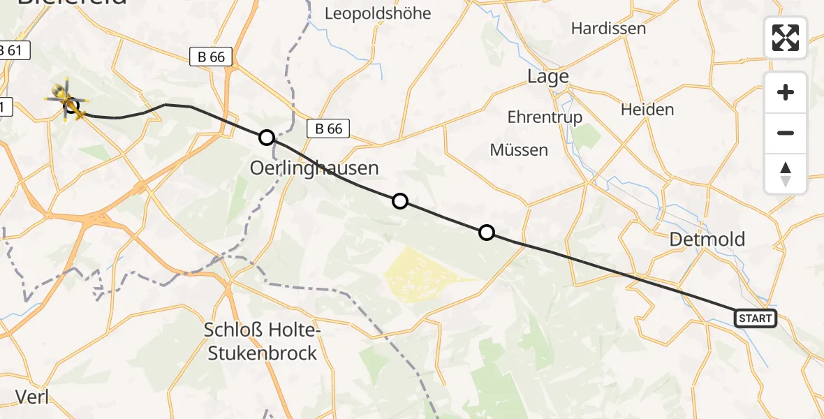 Flugroute Rettungshubschrauber Detmold - Luftrettungszentrum Bielefeld, 27 Mai 2026, 12:03