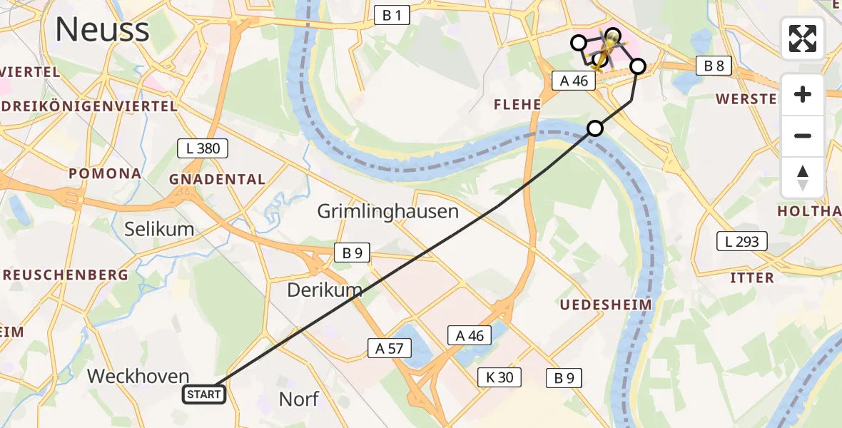 Flugroute Rettungshubschrauber Neuss - Düsseldorf University Hospital, 27 Mai 2026, 12:03