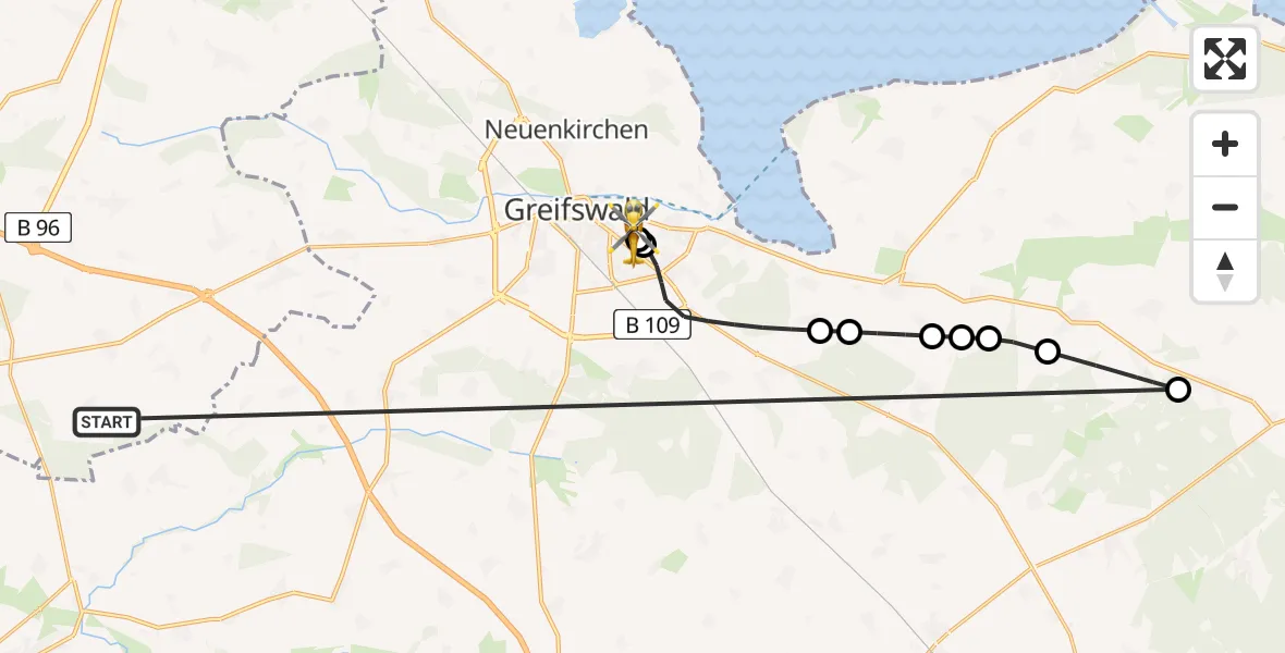 Flugroute Rettungshubschrauber Süderholz - Greifswald Hospital, 27 Mai 2026, 12:03