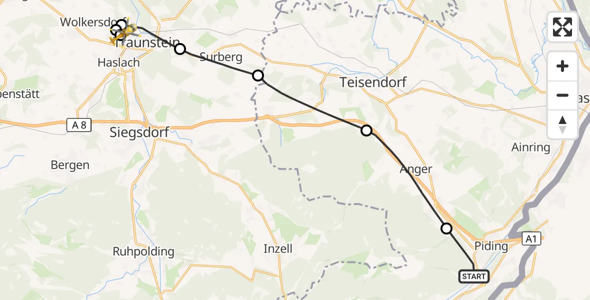 Flugroute Rettungshubschrauber Piding - Traunstein Hospital, 27 Mai 2026, 12:06