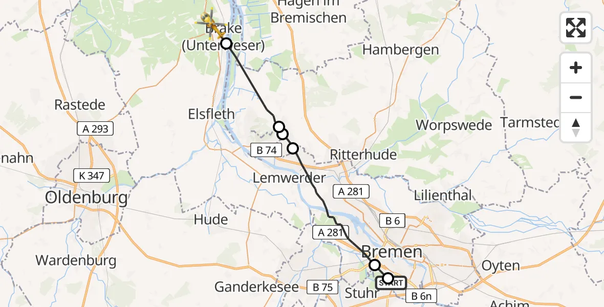 Flugroute Rettungshubschrauber Bremen - Brake (Unterweser), 27 Mai 2026, 12:07