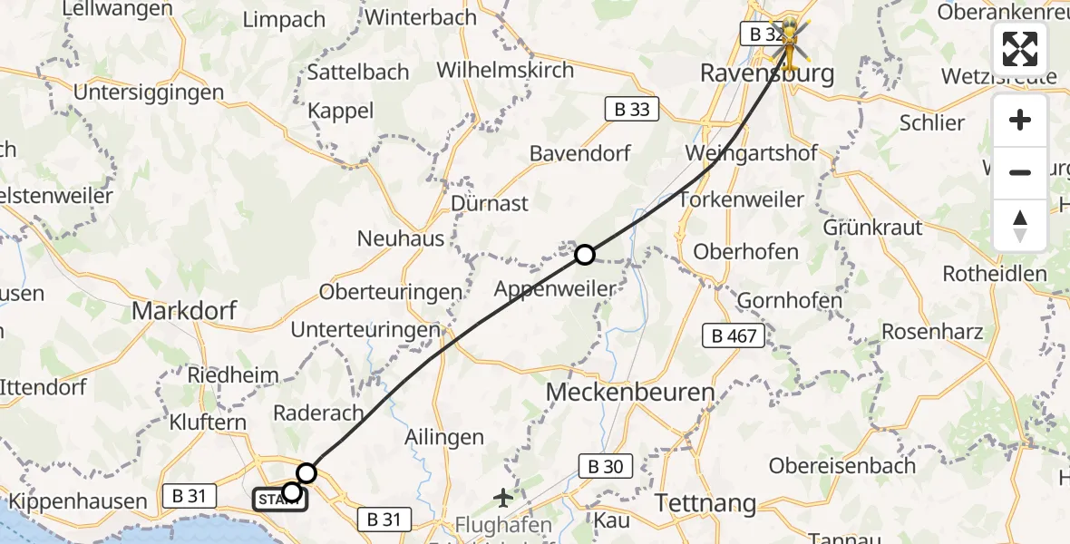 Flugroute Rettungshubschrauber Friedrichshafen Hospital - Sankt Elisabeth Hospital, 27 Mai 2026, 12:08