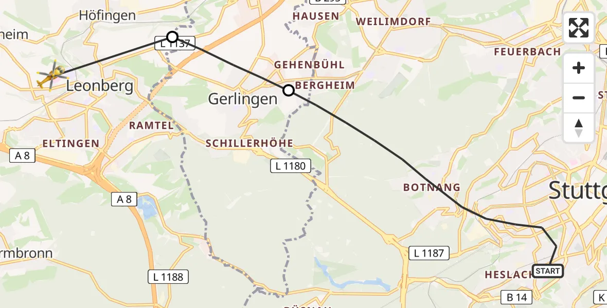 Flugroute Ambulanzhubschrauber Stuttgart - Leonberg Hospital, 27 Mai 2026, 12:11