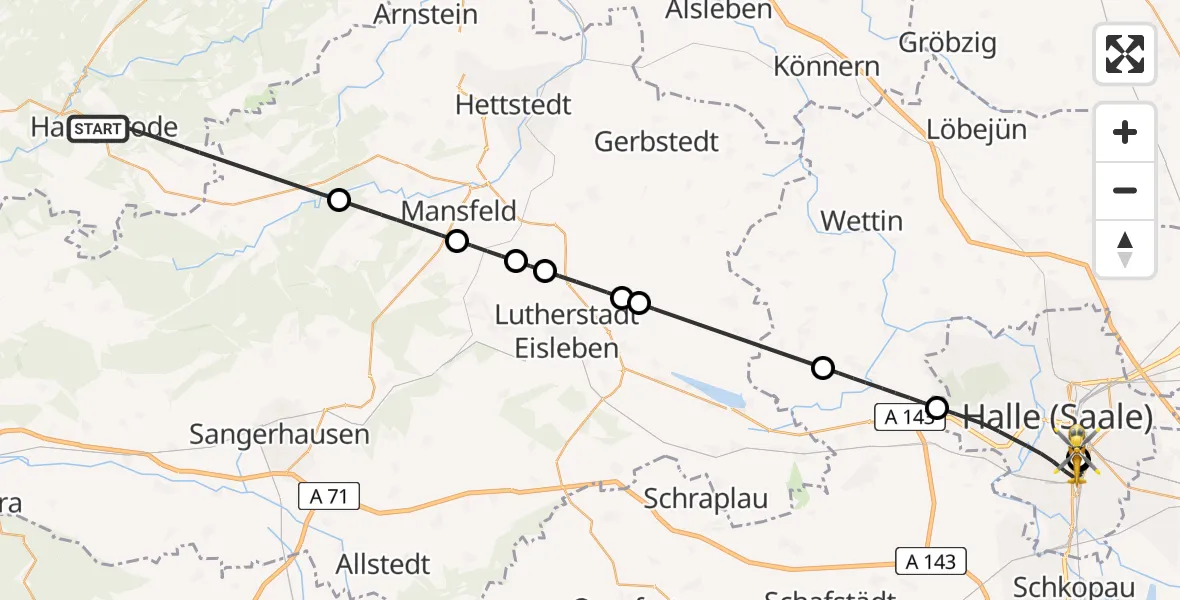 Flugroute Rettungshubschrauber Harzgerode - BG Hospital Bergmannstrost Halle, 27 Mai 2026, 12:14