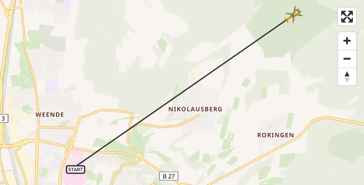 Flugroute Rettungshubschrauber Göttingen University Clinic Hubschrauberlandeplatz - Göttingen, 27 Mai 2026, 12:15