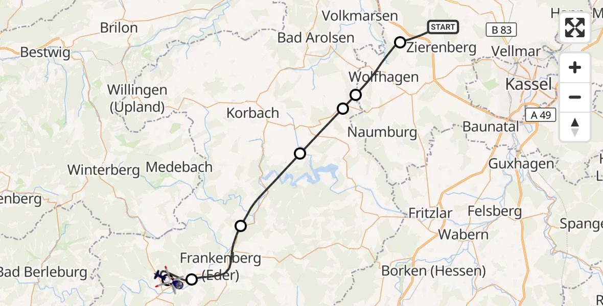Flugroute Polizeihubschrauber Zierenberg - Allendorf-Eder Flugplatz, 27 Mai 2026, 12:26