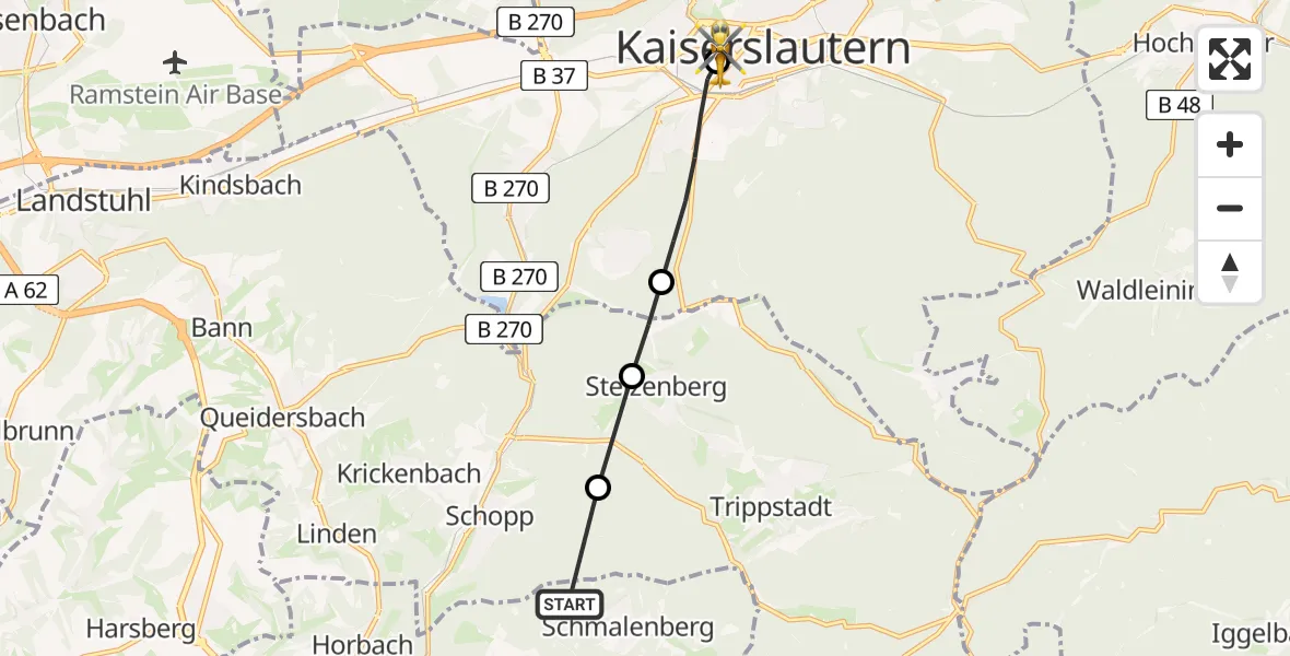 Flugroute Rettungshubschrauber Schmalenberg - Westpfalz Hospital Kaiserslautern, 27 Mai 2026, 12:29