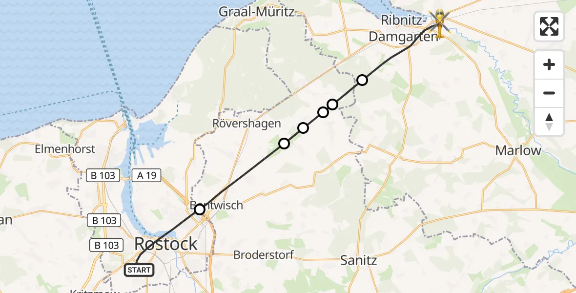Flugroute Rettungshubschrauber Rostock - Ribnitz-Damgarten, 27 Mai 2026, 12:30