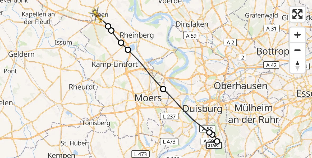Flugroute Rettungshubschrauber Duisburg Air Rescue Hubschrauberlandeplatz (Christoph 9) - Alpen, 27 Mai 2026, 12:31