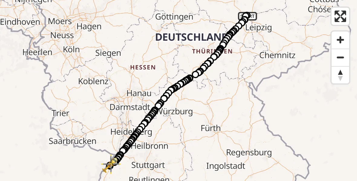 Flugroute Ambulanzhubschrauber Halle-Oppin Flugplatz - Karlsruhe Baden-Baden Flughafen, 27 Mai 2026, 12:31