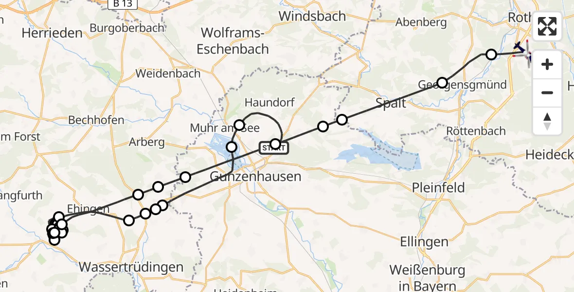 Flugroute Polizeihubschrauber Haundorf - Flugplatz Roth, 27 Mai 2026, 12:38