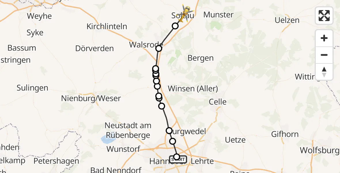 Flugroute Rettungshubschrauber Hannover Luftrettung Hubschrauberlandeplatz (Christoph 4) - Soltau, 27 Mai 2026, 12:46