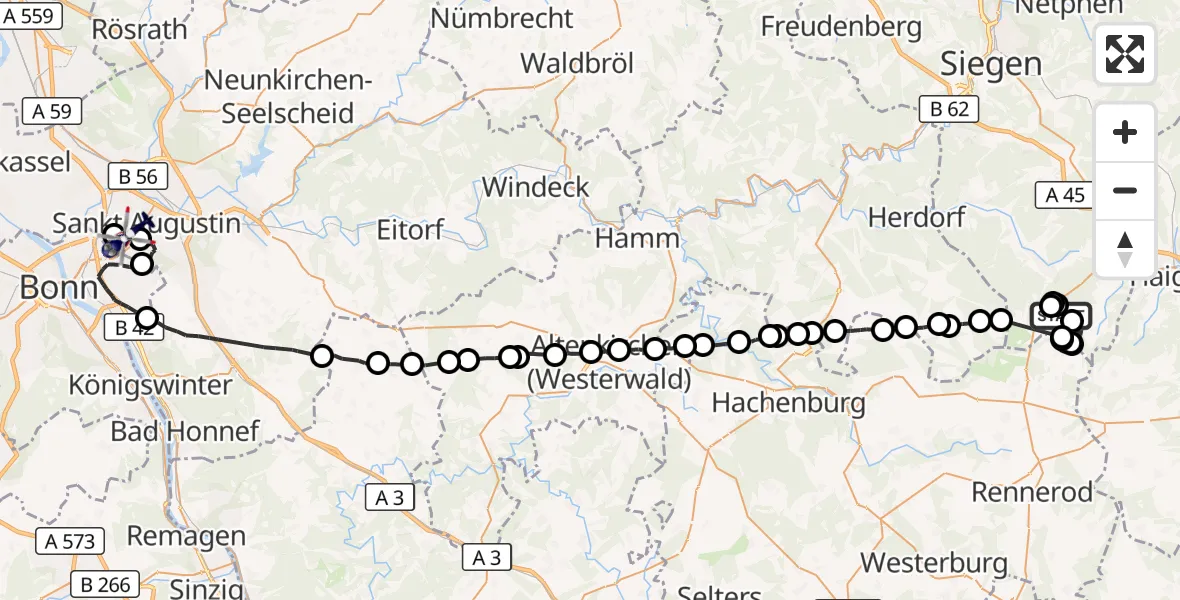 Flugroute Polizeihubschrauber Siegerland Flughafen - Sankt Augustin, 27 Mai 2026, 12:47