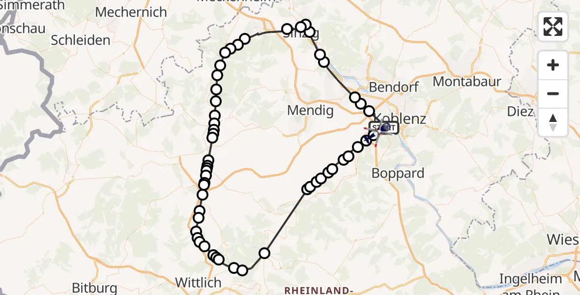 Flugroute Polizeihubschrauber Koblenz - Winningen, 27 Mai 2026, 12:47