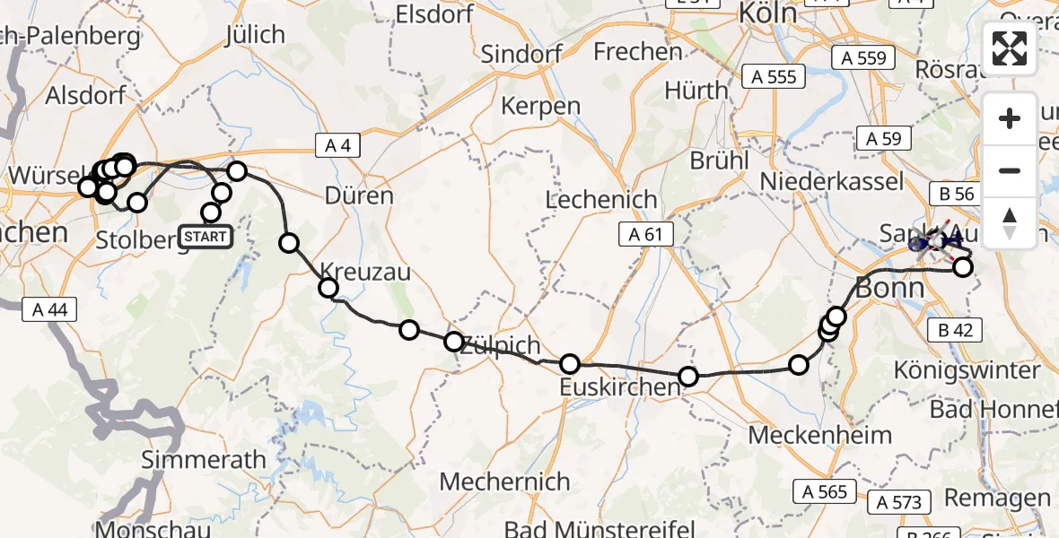 Flugroute Polizeihubschrauber Stolberg (Rhld.) - Bonn-Hangelar Flugplatz, 27 Mai 2026, 12:47