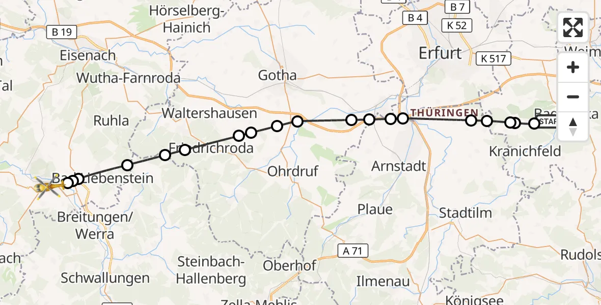 Flugroute Ambulanzhubschrauber Bad Berka - Bad Salzungen, 27 Mai 2026, 12:48