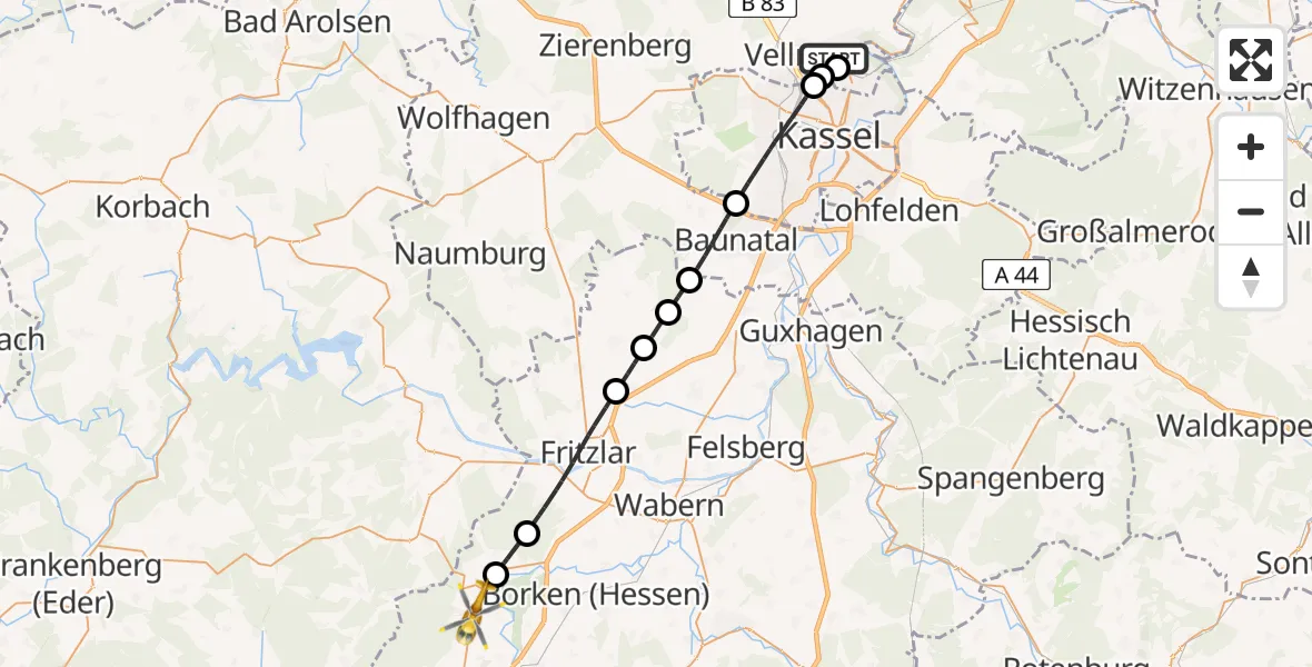 Flugroute Rettungshubschrauber Fuldatal Bundespolizei Hubschrauberlandeplatz - Bad Zwesten, 27 Mai 2026, 12:48