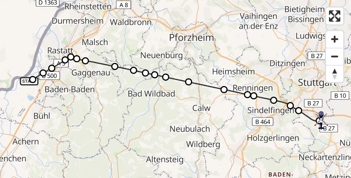 Flugroute Polizeihubschrauber Karlsruhe Baden-Baden Flughafen - Flughafen Stuttgart, 27 Mai 2026, 12:49