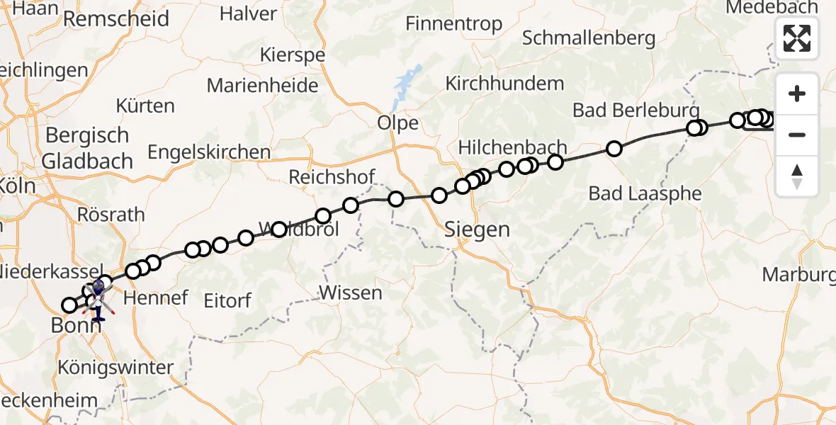 Flugroute Polizeihubschrauber Allendorf-Eder Flugplatz - Sankt Augustin, 27 Mai 2026, 12:50