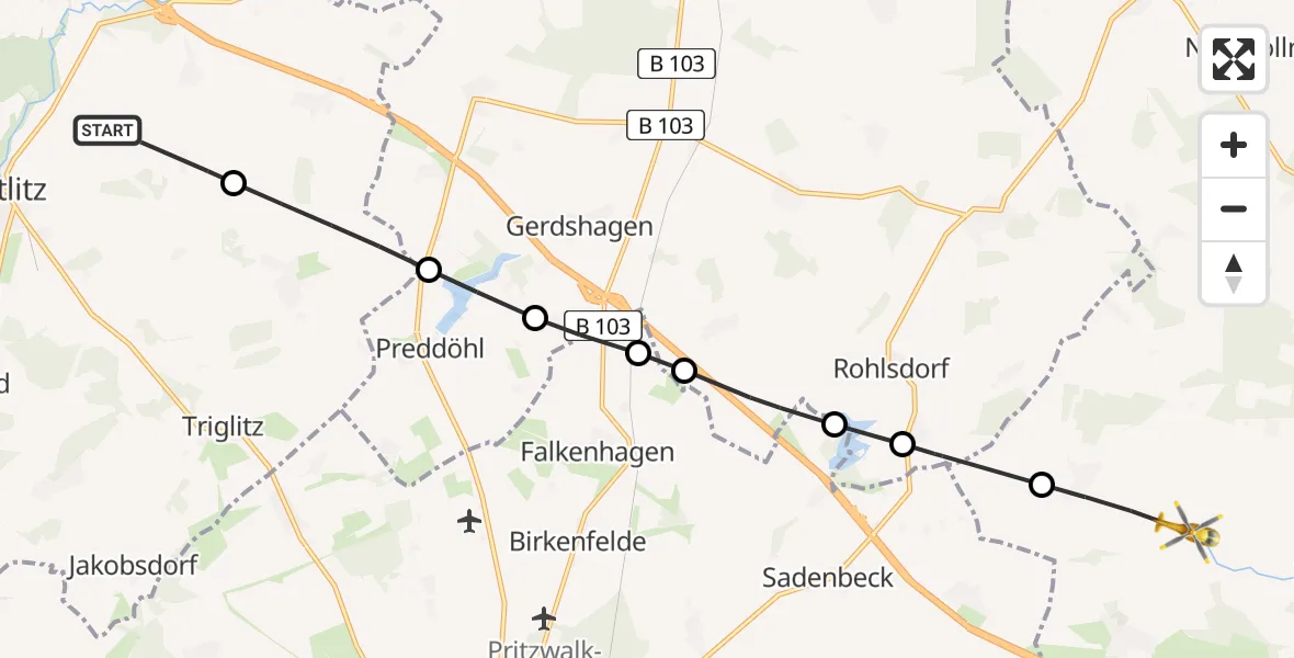 Flugroute Rettungshubschrauber Putlitz - Heiligengrabe, 27 Mai 2026, 12:59