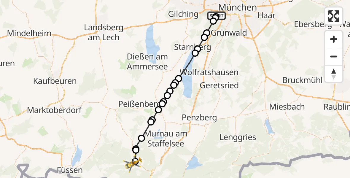 Flugroute Rettungshubschrauber DRF Air Rescue München Hubschrauberlandeplatz - Oberammergau, 27 Mai 2026, 13:07