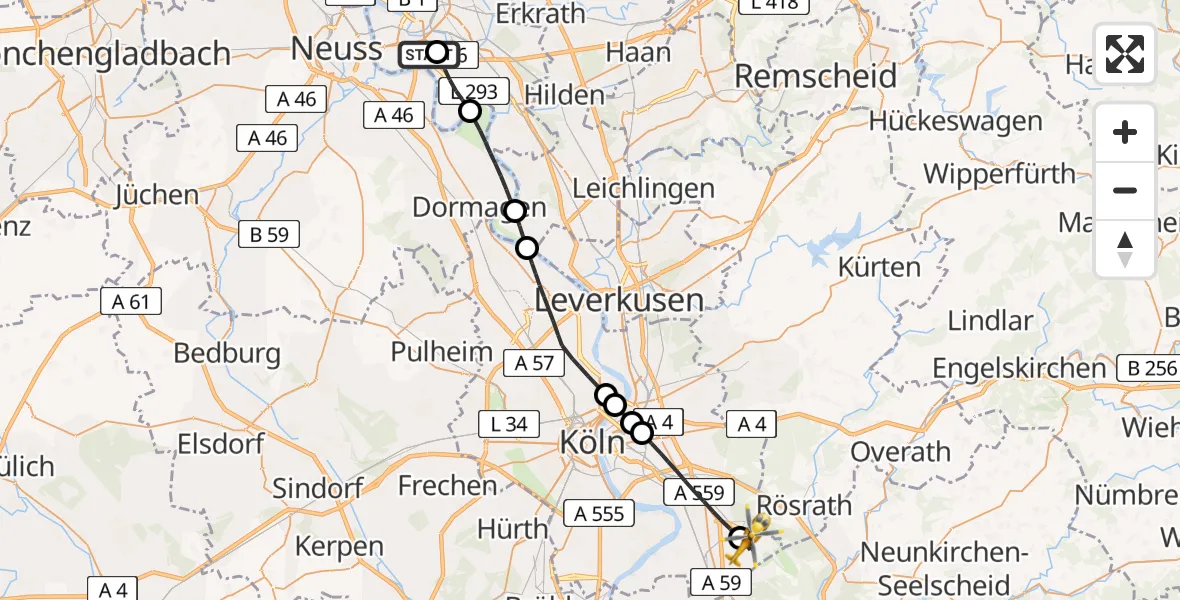 Flugroute Rettungshubschrauber Düsseldorf University Hospital - Köln Bonn Flughafen, 27 Mai 2026, 13:12