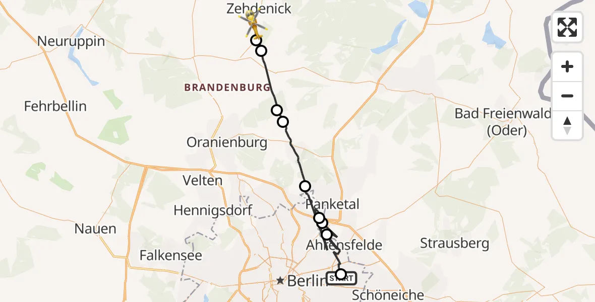 Flugroute Rettungshubschrauber Berlin Emergency Hospital - Zehdenick, 27 Mai 2026, 13:20