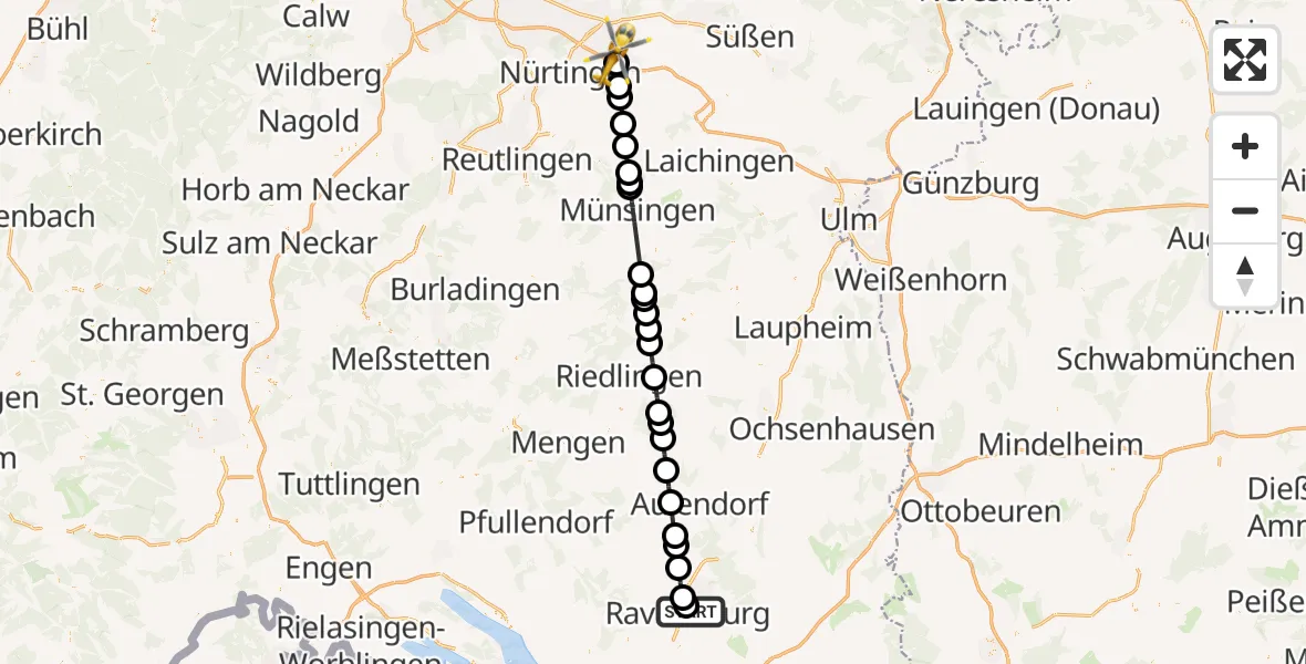 Flugroute Rettungshubschrauber Sankt Elisabeth Hospital - Kirchheim unter Teck, 27 Mai 2026, 13:24