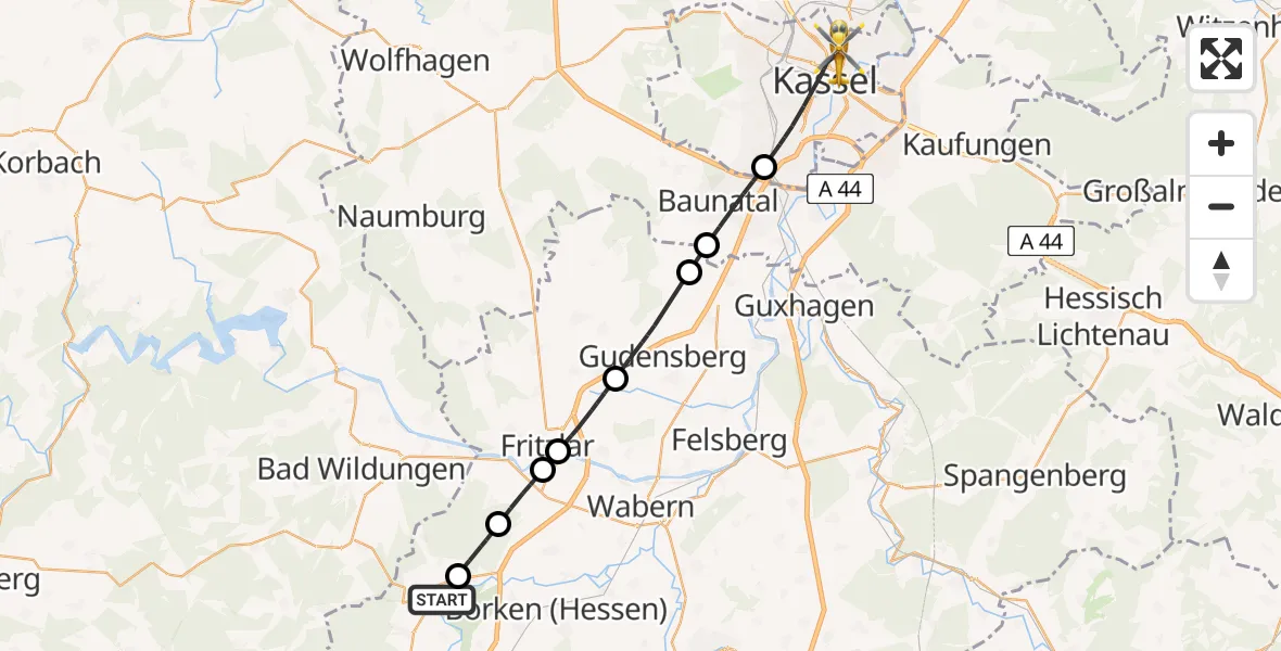 Flugroute Rettungshubschrauber Bad Zwesten - Kassel, 27 Mai 2026, 13:25