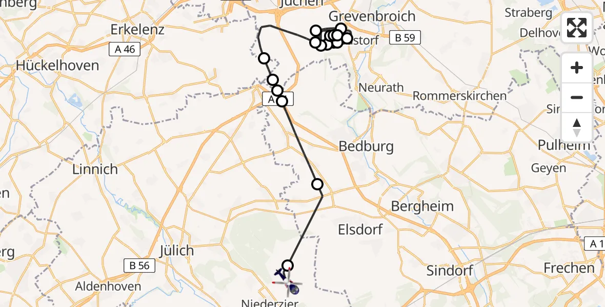 Flugroute Polizeihubschrauber Gustorfer Höhe Flugplatz - Niederzier, 27 Mai 2026, 13:25