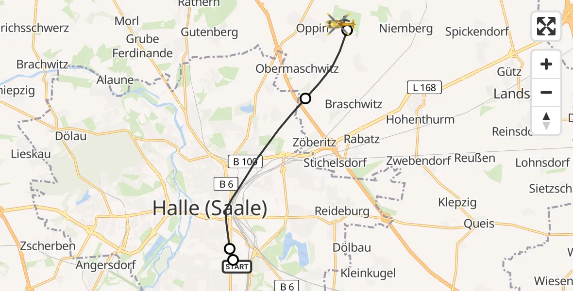 Flugroute Rettungshubschrauber BG Hospital Bergmannstrost Halle - Halle-Oppin Flugplatz, 27 Mai 2026, 13:26